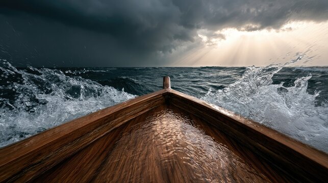 Wooden boat prow cuts through stormy, sunlit ocean waves