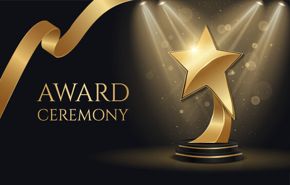 Luxury award ceremony vector illustration with golden star trophy, stage spotlights and elegant black background. Premium gala, achievement, winner and recognition concept.