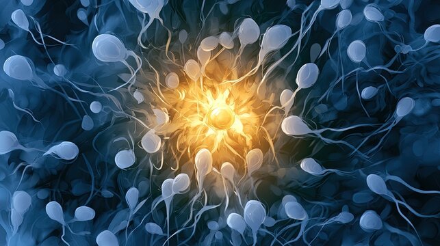 Microscopic view of sperm surrounding a glowing ovum, hinting at conception