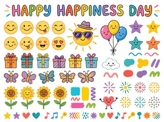Fototapeta premium Happy Happiness Day sticker set, colorful hand drawn emoji and sun icons, cute cartoon butterfly and flower vector elements for celebration