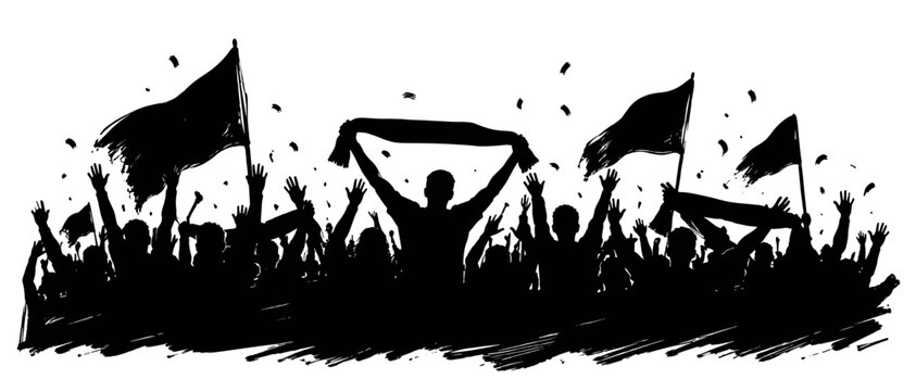 Soccer fan crowd silhouettes with waving flags and scarves, stadium cheering audience in grunge red blue style for sports background vector illustration