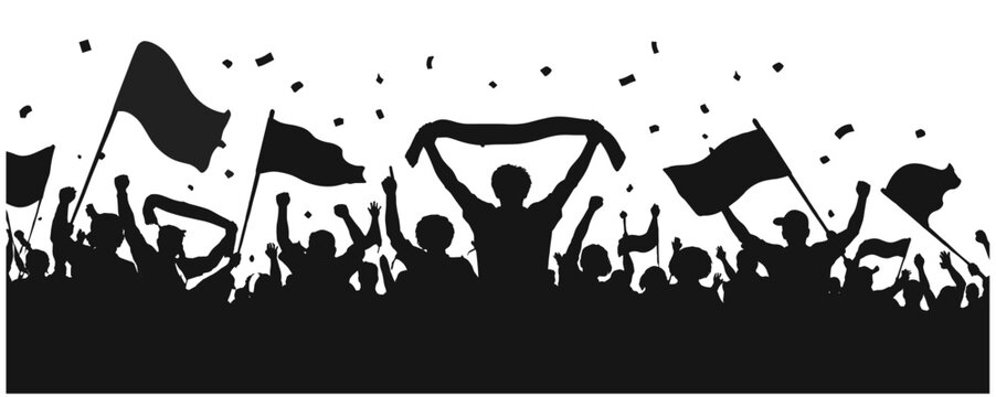Soccer fans cheering silhouette, large black supporter crowd with flags and scarves, stadium match celebration background, vector illustration