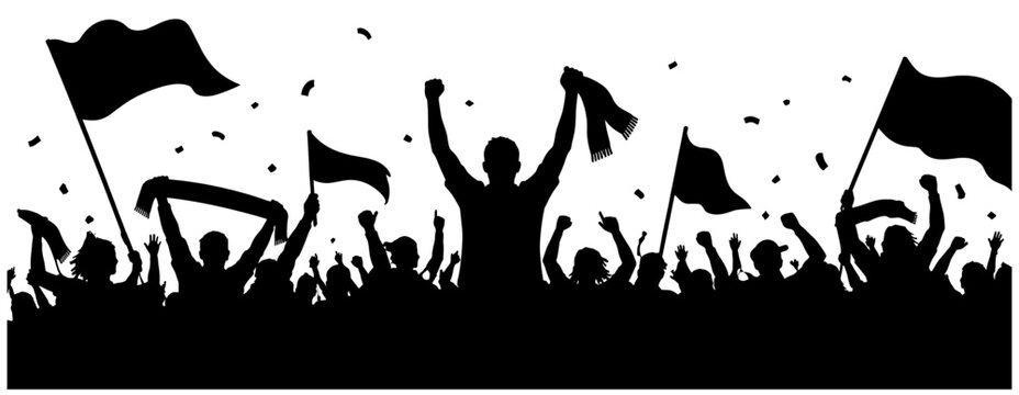 Black soccer crowd silhouette with excited fans waving flags, stadium supporters celebration, championship victory atmosphere, vector illustration