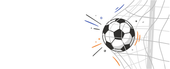 Soccer goal banner vector with football ball hitting net, modern flat sports campaign design, colorful championship match background © JIm Studio