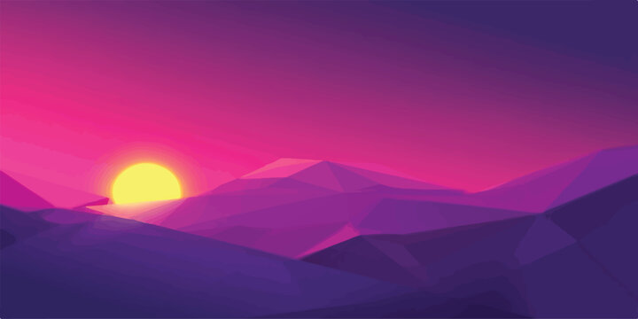 Abstract low poly landscape with bright sun in magenta and violet sky landscape mountains abstract minimalist geometric background triangular colorful wallpaper stylized illustration
