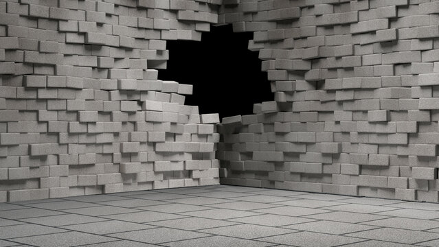 broken brick wall in 3d rendering crack