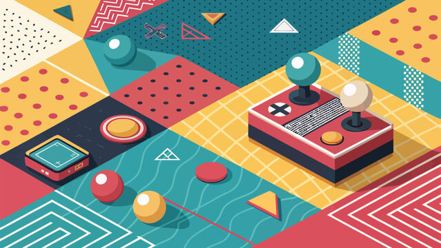 Isometric retro arcade gaming background with joysticks and geometric patterns