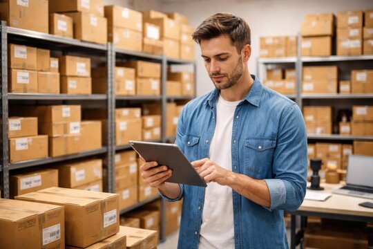 Vendedor comprobando los niveles de inventario en una tableta mientras se encuentra entre el stock organizado