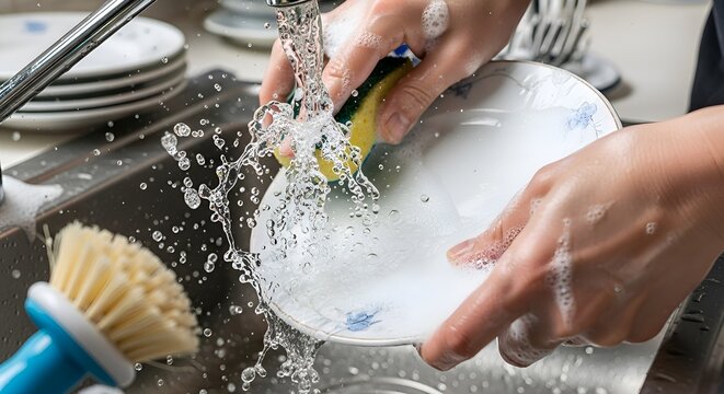Washing dishes in the kitchen sink