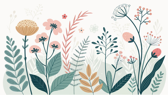 Seamless pattern with hand drawn wild flowers and herbs
