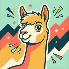 Naklejka premium Cute llama head portrait retro graphic illustration