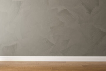 Blank textured gray wall mockup with wooden floor and white baseboard