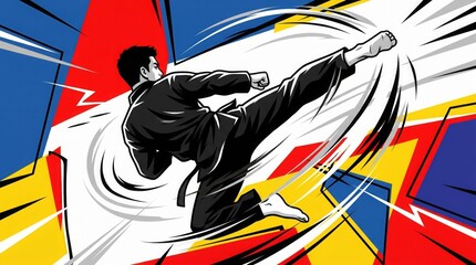 Fototapeta premium Dynamic Martial Arts Fighter Performing a Powerful High Kick in a Combative Pose with Vibrant Abstract Background Lines
