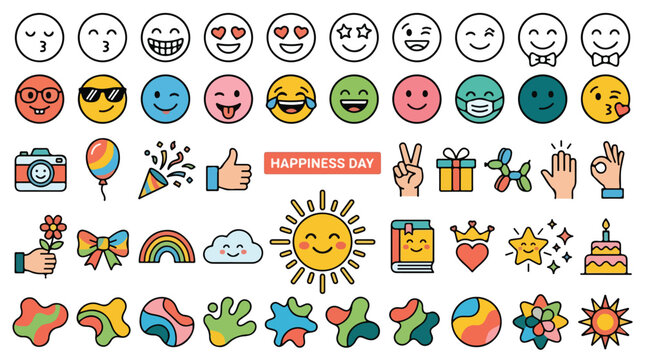 Colorful emoji icon set for Happiness Day, cute smiley face character collection, flat vector illustrations of party and celebration symbols