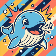 Fototapeta premium Happy singing whale vector illustration with retro colorful background