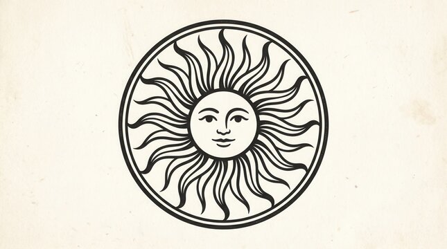 Detailed circular graphic illustration of a radiant sun with a gentle human face and flowing rays, symbolizing warmth, energy, and a positive outlook on nature