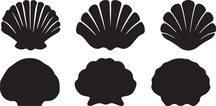 Black scallop seashell silhouettes on white background