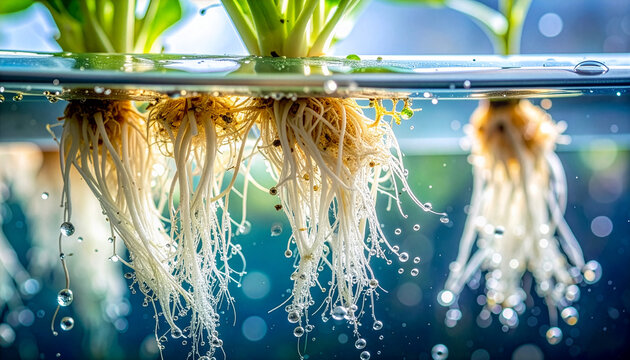 Hydroponic Plant Roots Suspended in Water with Air Bubbles