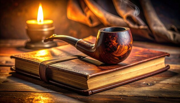 Well-used vintage wooden tobacco pipe resting on an aged leather-bound book with warm candlelight illumination