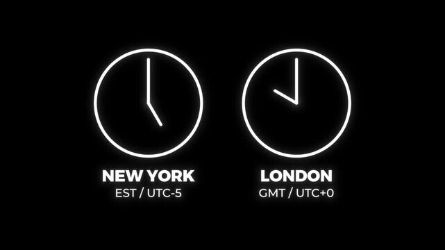 Time Difference Animation Between New York and London World Clocks Loop