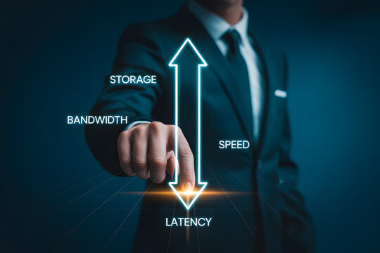 Businessperson pointing at glowing digital arrow labeled storage, bandwidth, speed, and latency, symbolizing network optimization, data performance, and digital efficiency