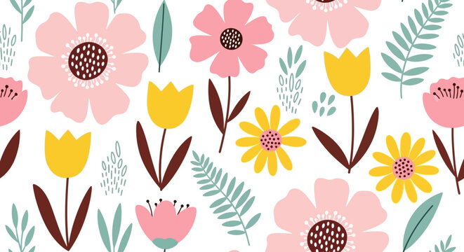 Colorful floral pattern with pink, yellow flowers and leaves, spring background