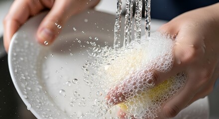Fototapeta premium Hands washing plate with dish soap and rinsing water, cleaning