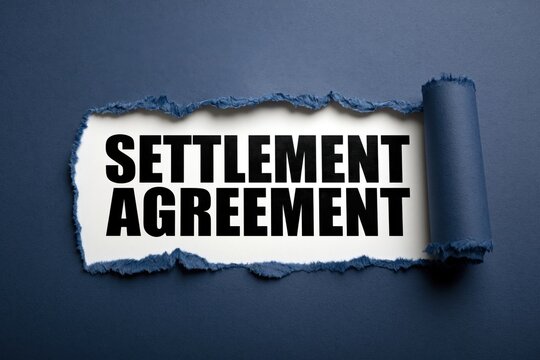 Settlement agreement message appearing under torn dark blue paper