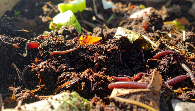Red Earthworms in Rich Organic Compost Soil for Vermicomposting