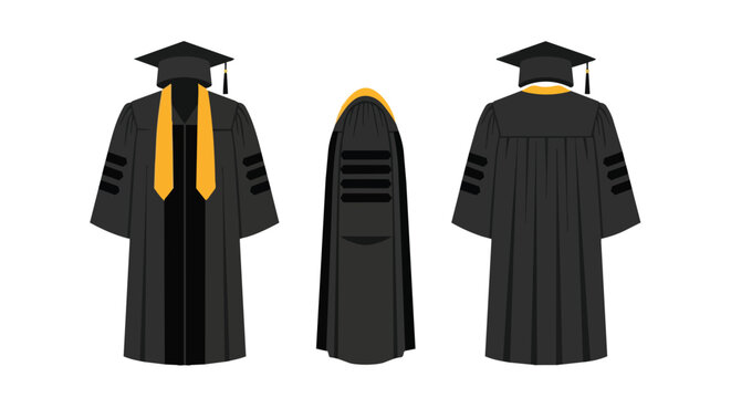Academic Graduation Regalia Illustration Featuring Black Doctoral Gown Mortarboard Cap and Gold Stole in Front Back and Hood Views