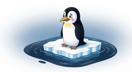 Obraz premium Cute cartoon penguin standing on melting ice floe, climate change concept, illustration
