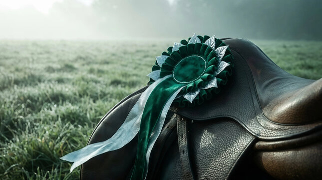 Green and silver rosette award ribbon resting on a professional brown leather horse saddle in a misty green pasture field during a morning equestrian competition