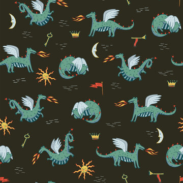 flying dragons in the sky medieval vector seamless pattern