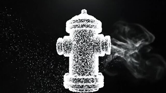 Black and white fire hydrant with snow effect, smoke, and abstract particles against a dark background.