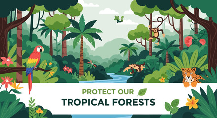 Vibrant tropical rainforest with diverse wildlife and lush vegetation © Mahkota