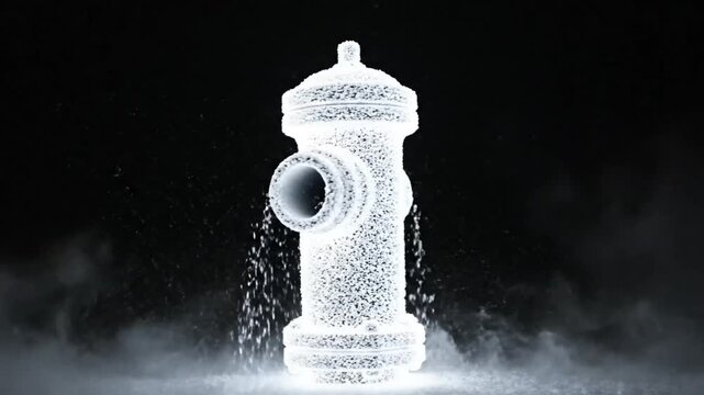 Creative 3D rendering of a white fire hydrant with water streams and atmospheric fog against a dark background.