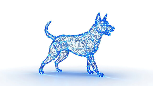Digital wireframe dog skeleton model in 3 d motion capture style isolated on a transparent background