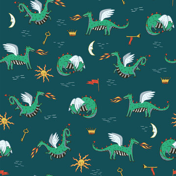 flying dragons in the sky medieval vector seamless pattern