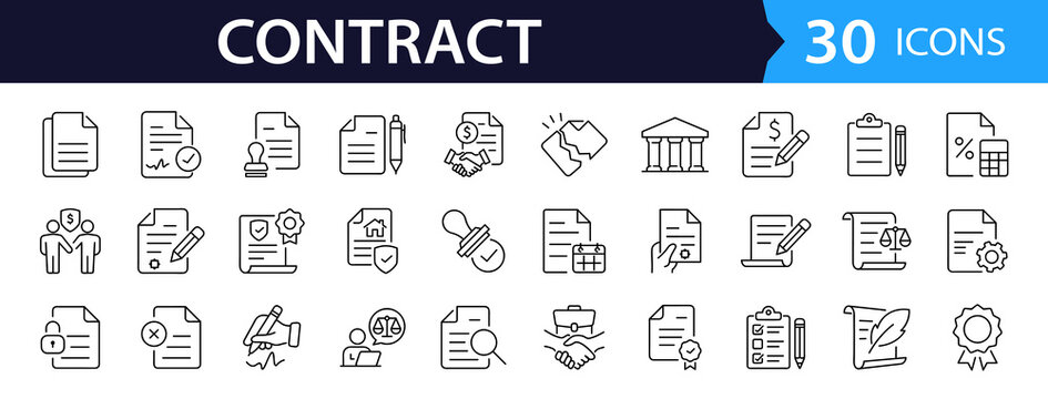 Contract Web Icon Set in Linear Style. Collection of Legal document line icons, including business, corporate, partnership, agreement, certificate, business contract, client and more. Editable stroke