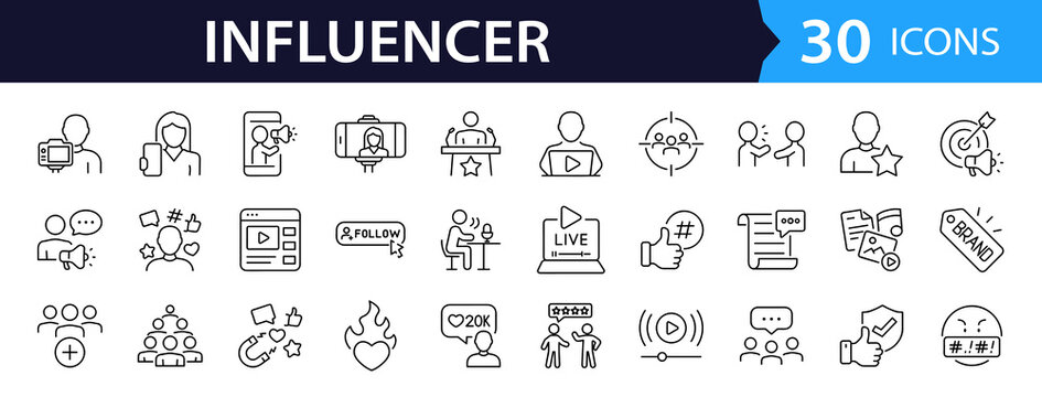 Influencer Web Icon Set in Linear Style. Collection of Blogger and Influencer line icons, including follower, creator, blogger, social media, promotion, content, marketing and more. Editable stroke