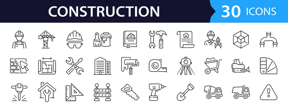 Construction Web Icon Set in Linear Style. Collection of Building line icons, including business, building, tools, construction, crane, worker, excavator, wall, bulldozer and more. Editable stroke