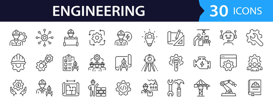 Engineering Web Icon Set in Linear Style. Collection of Industrial technology line icons, including technology, mechanical, engineer, construction, worker, blueprint, tools and more. Editable stroke