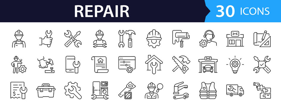 Repair Web Icon Set in Linear Style. Collection of Maintenance line icons, including service, support, tools, fixing, engineer, maintenance, repairman, toolbox and more. Editable stroke