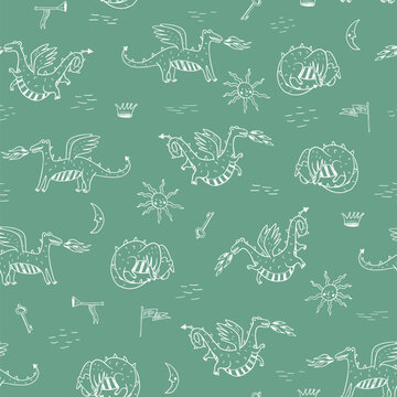 flying dragons in the sky medieval vector seamless pattern withe line in green background
