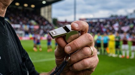 Obraz premium Referee holding a whistle on a football field with players and crowd in the background
