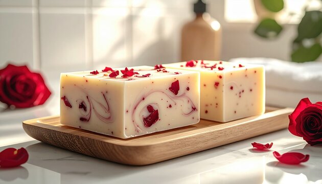 Artisan Handmade Soap Bars with Rose Petals and Swirl Patterns on Wooden Tray