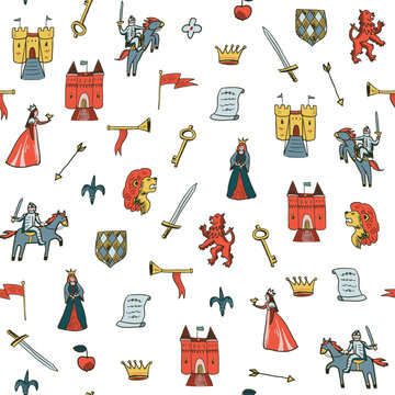 Medieval doodle objects vector seamless pattern with knights, castles, princess, lion, symbols, crone and sword