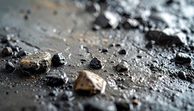Close-up texture of wet concrete with scattered stones and water droplets