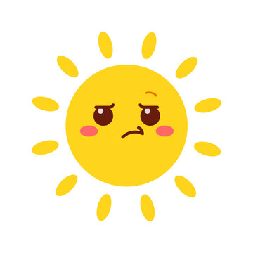 Unimpressed and bored sun character face with a flat disappointed mouth. Cute summer sunshine mascot emoji showing indifference or skepticism