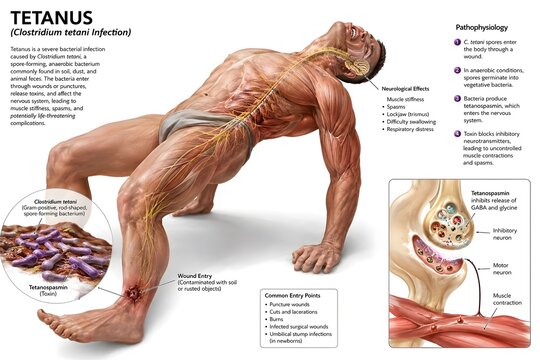 Detailed Medical Textbook Illustration of Tetanus Affecting Human Muscles and Nerves